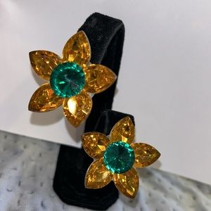 Yellow & Green Flower Button Clip on  Earrings-Boutique